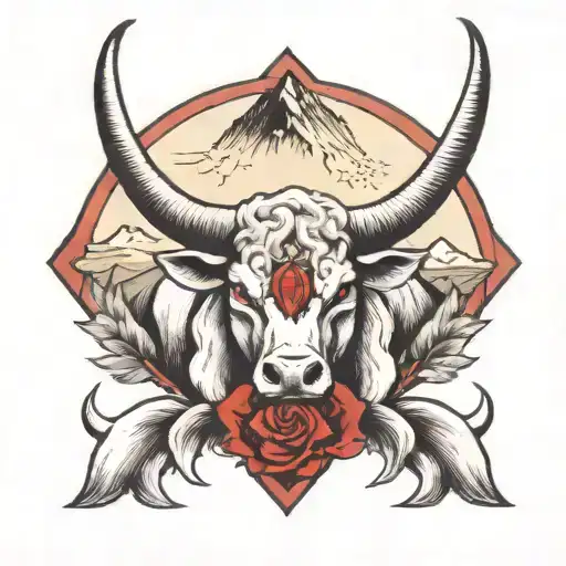 taurus zodiac sign top left chest piece with red eyes and mountains  no roses  tattoo design idea