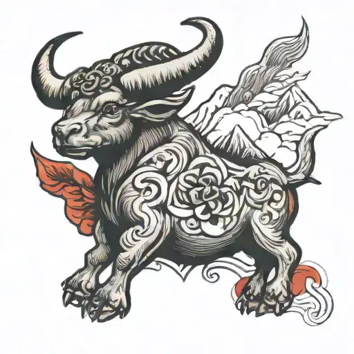 taurus zodiac sign top left chest piece with red eyes and mountains  no roses  tattoo design idea