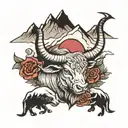 taurus zodiac sign top left chest piece with red eyes and mountains  no roses  tattoo design idea