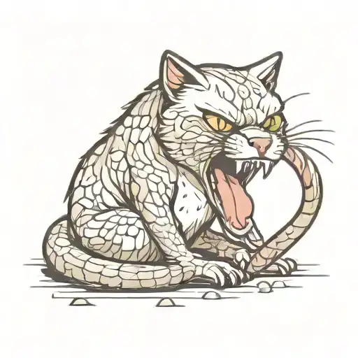 angry cat hissing snake wrapped tattoo design idea