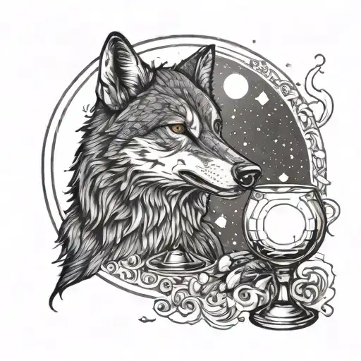 A wolf playing a wine glass like a musical instrument under a full moon tattoo design idea