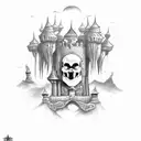 evil castle with ghost and skull tattoo design idea