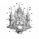 evil castle with ghost and skull tattoo design idea