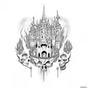 evil castle with ghost and skull tattoo design idea