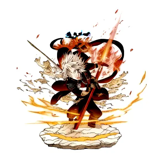 The phrase '心を燃やせ' in kanji style, with rengoku's sword from demon slayer next to it with fire elements on the sword tattoo design idea