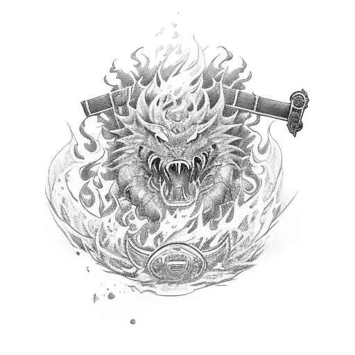 The phrase '心を燃やせ' in kanji style, with rengoku's sword from demon slayer next to it with fire elements on the sword tattoo design idea