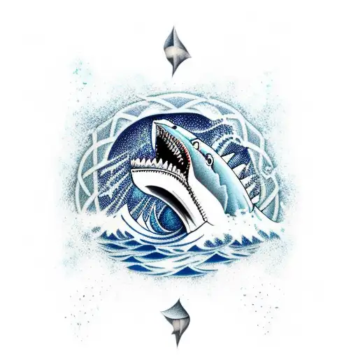 Arabic words with waves shark with background cloud as whole all arm  sleeve on the arm tattoo design idea