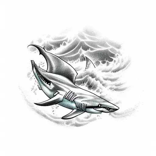 Arabic words with waves shark with background cloud as sleeve on the arm tattoo design idea