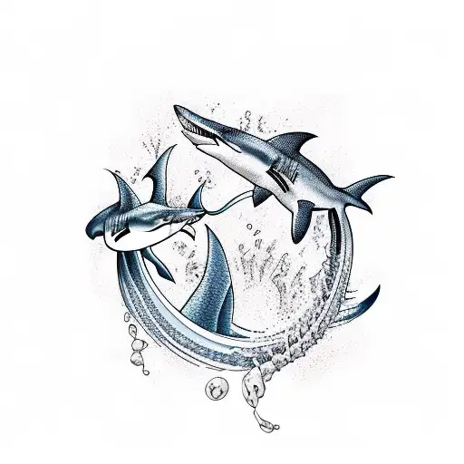 Arabic words with waves shark as sleeve on the arm tattoo design idea