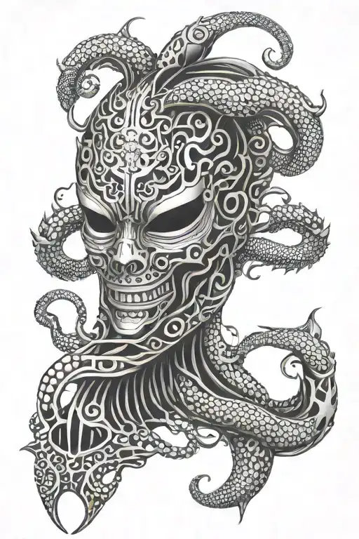 mix hanya mask with skorpion tattoo design idea