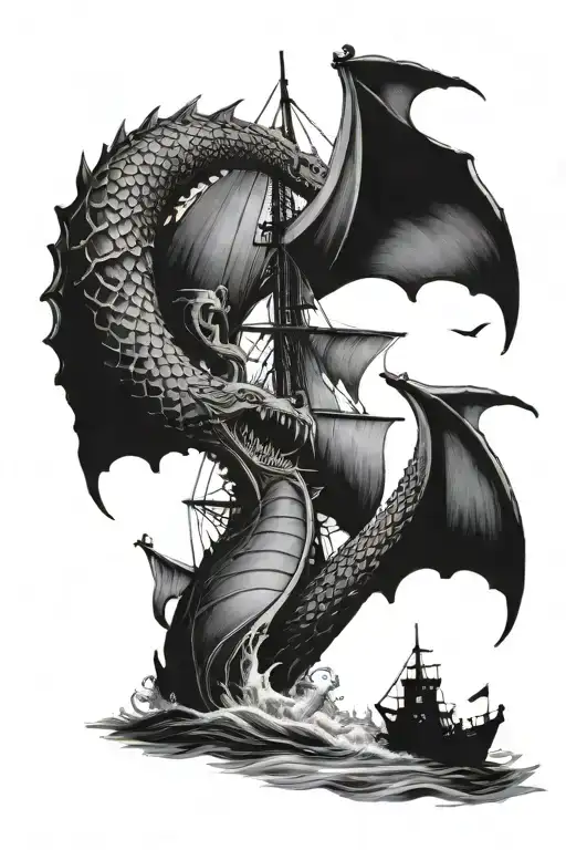 A black-grey tattoo of a monstrous sea serpent attacking a ship tattoo design idea