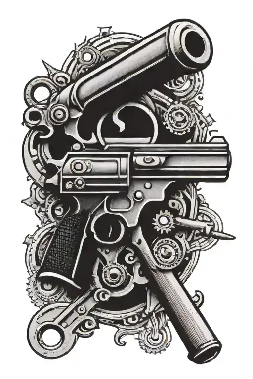 A black-grey tattoo of a vintage pistol intertwined with a wrench and screwdriver, symbolizing your occupation as a manager technician mechanic tattoo design idea