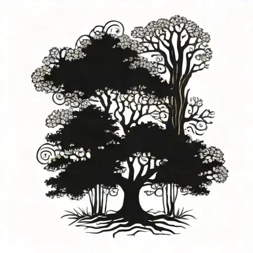 A blackwork tattoo of a tree with intricate patterns carved into the bark, symbolizing the connection between forestry and nature tattoo design idea