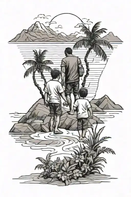 Father holding hands with two 9 yr old boys in a mountain range and beach oasis setting tattoo design idea