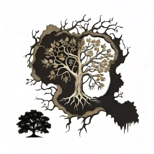 A tattoo of a family tree with each branch representing a different family member, with a Mauri design incorporated into the roots tattoo design idea