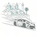 A bold and colorful tattoo of a cat driving a fast sports car through the streets of Israel, with iconic landmarks in the background tattoo design idea