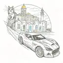 A bold and colorful tattoo of a cat driving a fast sports car through the streets of Israel, with iconic landmarks in the background tattoo design idea