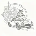 A bold and colorful tattoo of a cat driving a fast sports car through the streets of Israel, with iconic landmarks in the background tattoo design idea