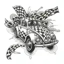 A dynamic tattoo of a car racing scene, with a vintage VW Bug leading the pack and a checkered flag waving in the background tattoo design idea
