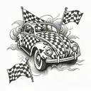 A dynamic tattoo of a car racing scene, with a vintage VW Bug leading the pack and a checkered flag waving in the background tattoo design idea