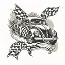 A dynamic tattoo of a car racing scene, with a vintage VW Bug leading the pack and a checkered flag waving in the background tattoo design idea