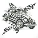A dynamic tattoo of a car racing scene, with a vintage VW Bug leading the pack and a checkered flag waving in the background tattoo design idea