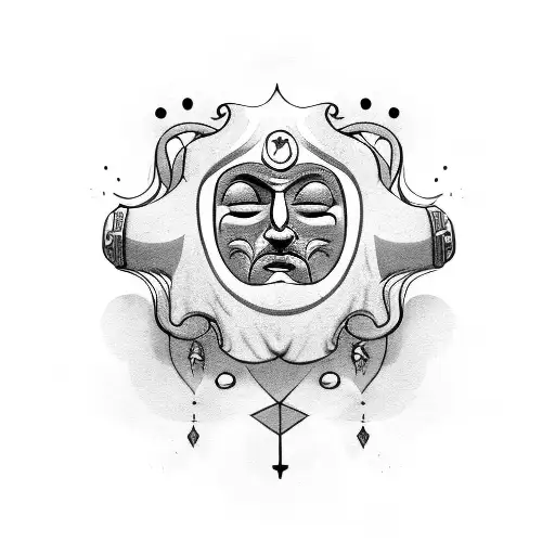 Happy mask and sad mask with statue above them tattoo design idea