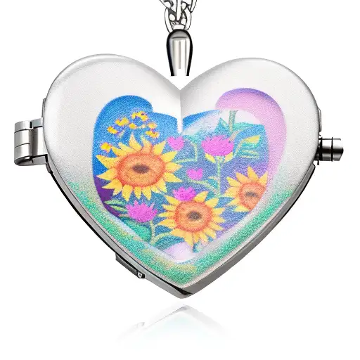 A new-school style heart-shaped locket with a miniature camera inside, surrounded by colorful sunflowers tattoo design idea