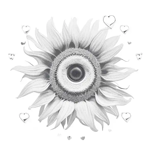 A new-school style sunflower with camera lenses as its petals, with a heart-shaped center and the word 'Photography' written in a bold font tattoo design idea