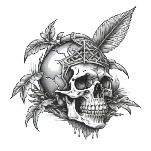 An adventurous scene of a skull conquering a challenging obstacle course in the wilderness tattoo design idea