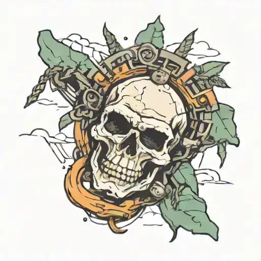 An adventurous scene of a skull conquering a challenging obstacle course in the wilderness tattoo design idea