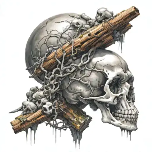 An adventurous scene of a skull conquering a challenging obstacle course in the wilderness tattoo design idea