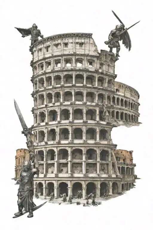 front of colosseum with three warriors one spartan warrior one samuri warrior one viking warrior tattoo design idea