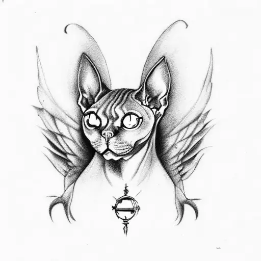 dark sphynx cat with demonic wings and claws tattoo design idea