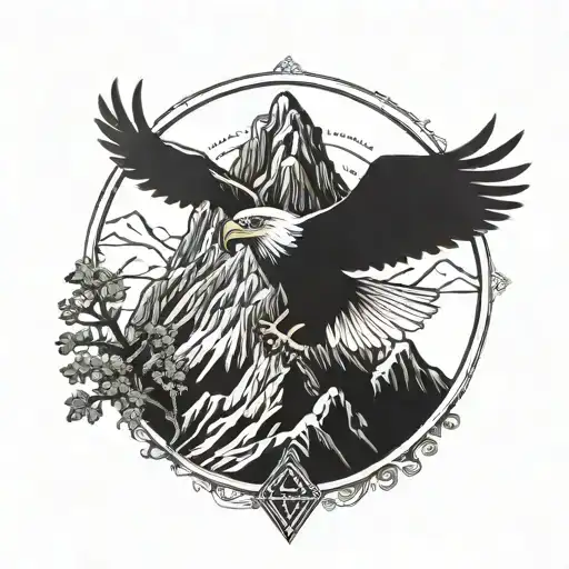 A majestic eagle soaring over a mountain range with a Slovakia cross in the background tattoo design idea