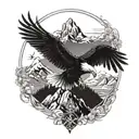 A majestic eagle soaring over a mountain range with a Slovakia cross in the background tattoo design idea