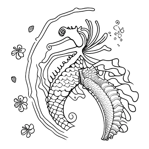 seahorse with flowers tattoo design idea