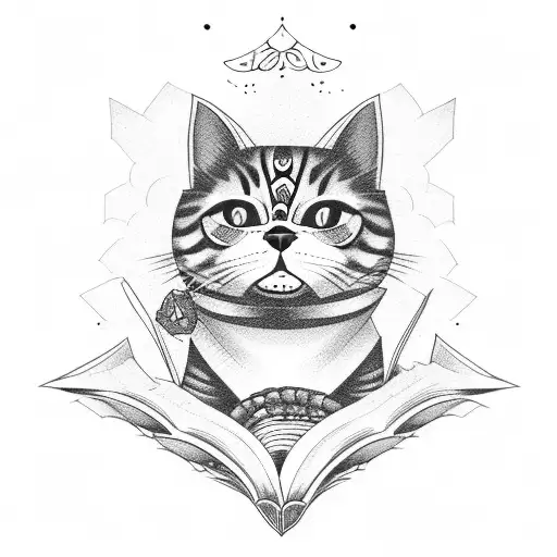 day of the dead full body cat sitting on open book tattoo design idea