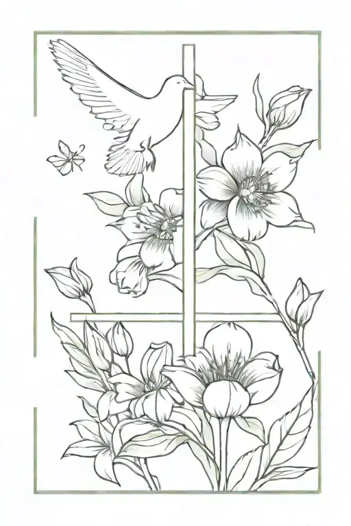 fine line cross with daisys & Tulips and a dove with an olive branch  tattoo design idea