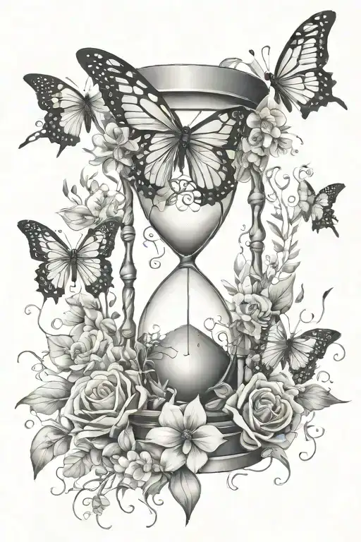 hourglass, butterflies, flowers, dreamcatcher tattoo design idea
