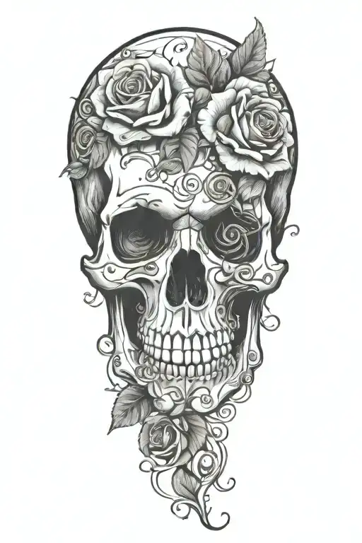 skull, roses, vines tattoo design idea