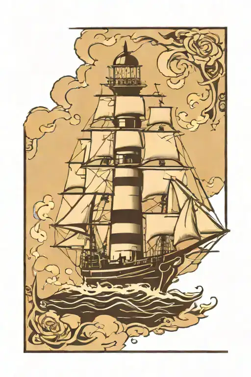 clipper ship, light house tattoo design idea