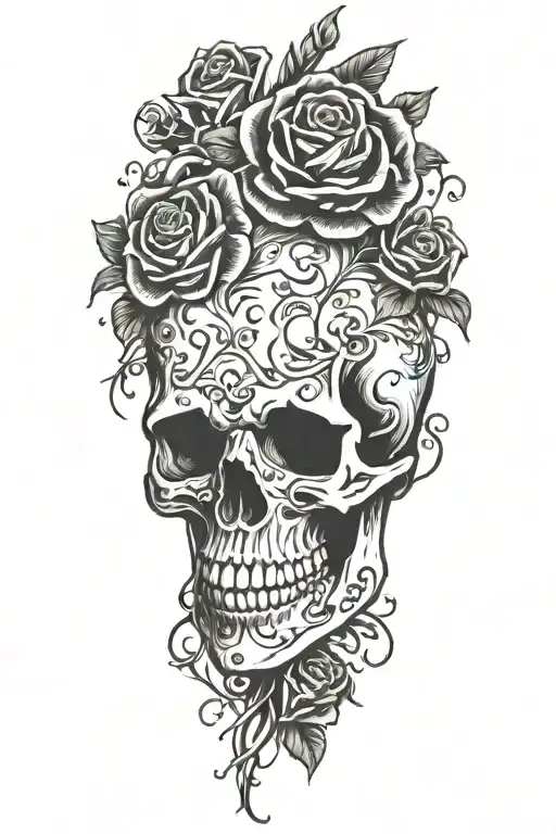 screaming  skull, roses, vines tattoo design idea