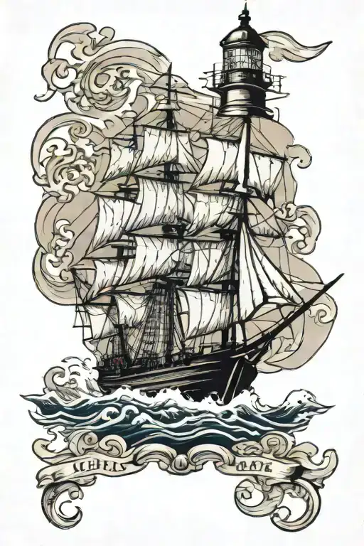 clipper ship, light house tattoo design idea