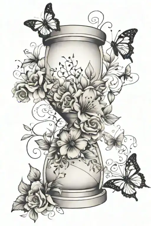 hourglass, butterflies, flowers blooming tattoo design idea