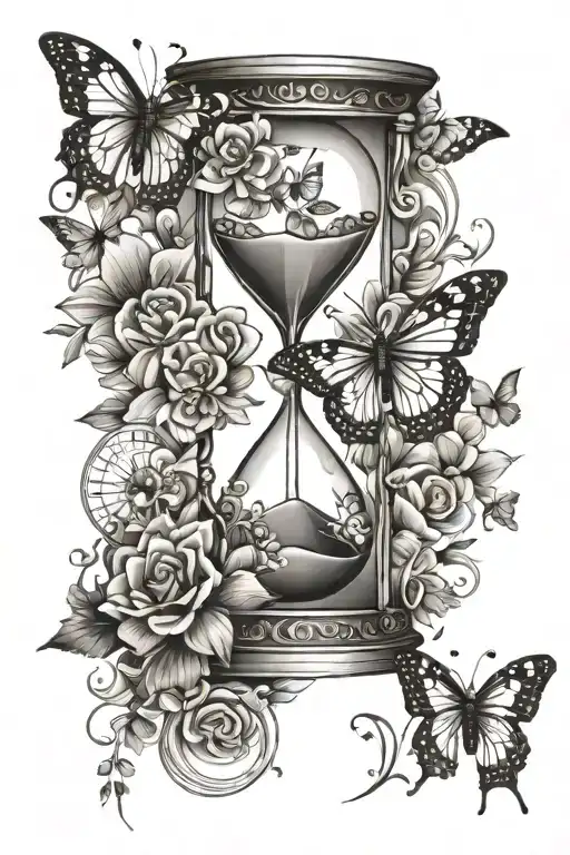 hourglass, butterflies, flowers  tattoo design idea