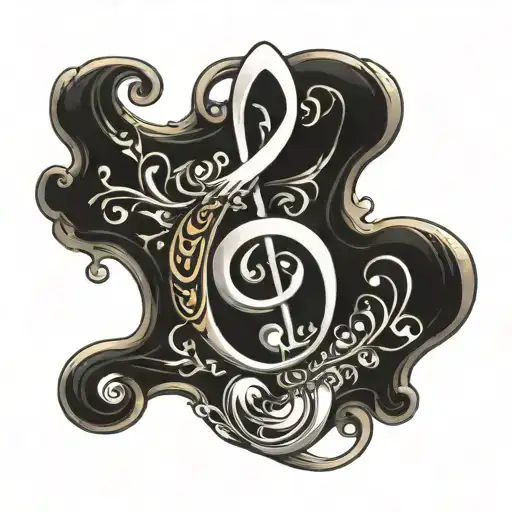 write the word 'Synchronicity',  hand-written, the letter 'S' as a reversed treble clef, design in a calligraphy style tattoo design idea