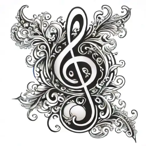 word 'Synchronicity',  hand-written, the letter 'S' as a reversed treble clef, design in a calligraphy style, fine line tattoo design idea
