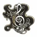 write the word 'Synchronicity',  hand-written, the letter 'S' as a reversed treble clef, design in a calligraphy style tattoo design idea