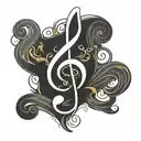 write the word 'Synchronicity',  hand-written, the letter 'S' as a reversed treble clef, design in a calligraphy style tattoo design idea